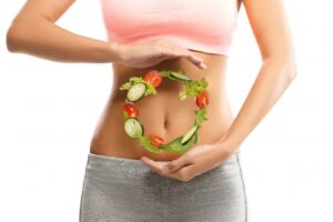 healthy gut, a girl with fruits
